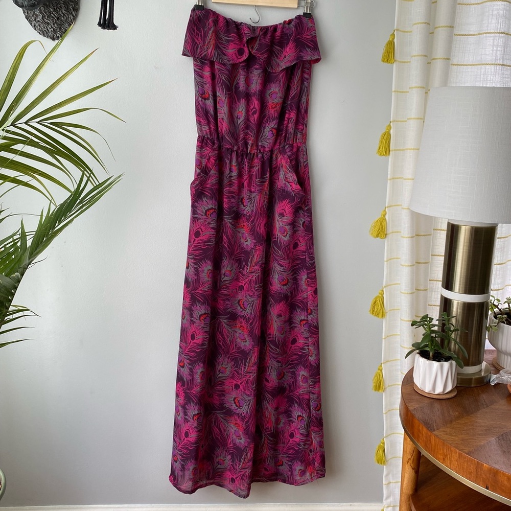 Kirra | Strapless Purple Peacock Feather Print Dress